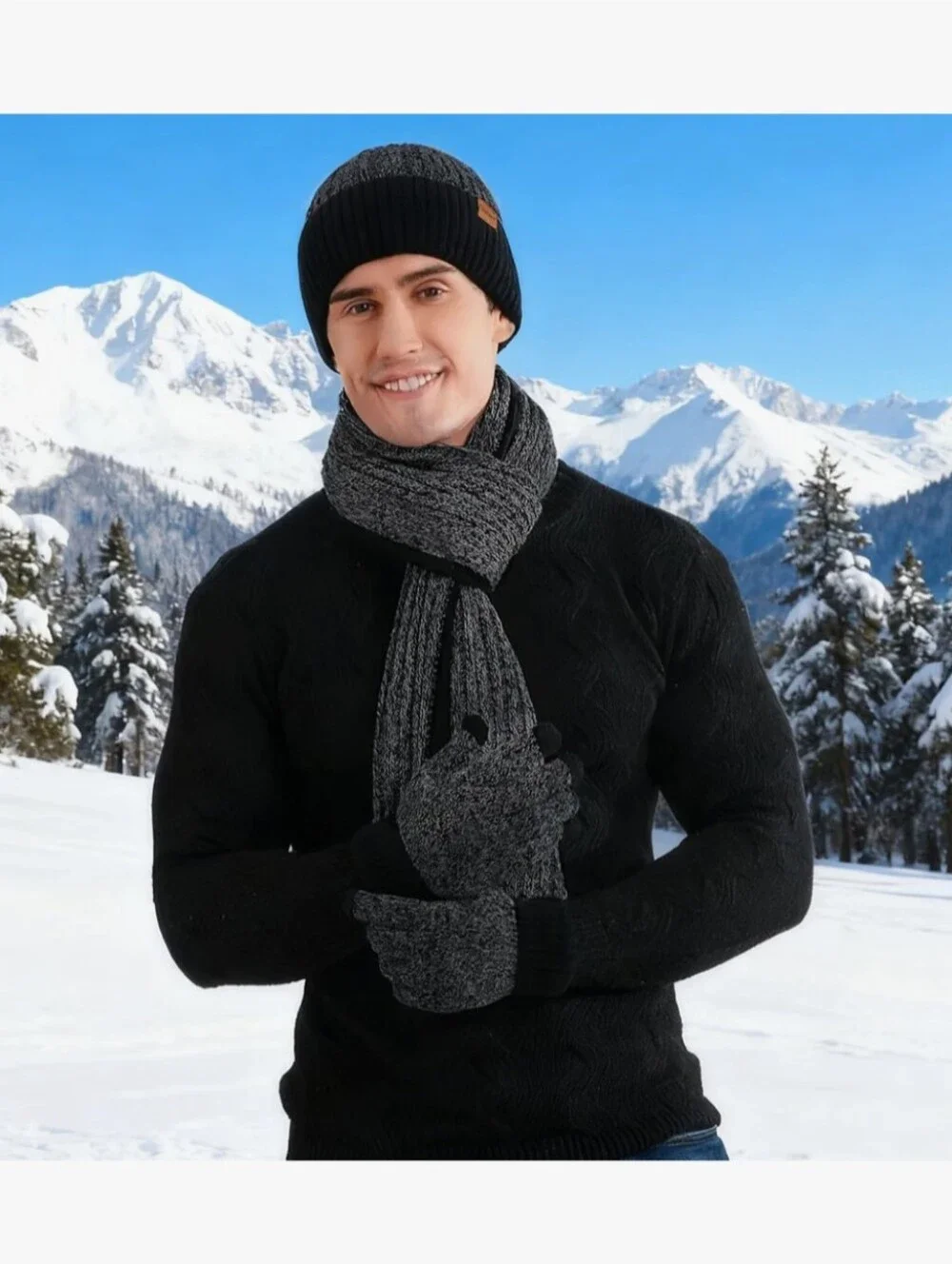 Men's Winter Hat Scarf Gloves Set of 3, Knit Thermal Combo Gifts